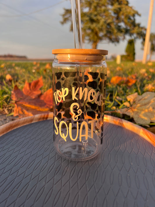 (F) Top Knots & Squats Glass Cup