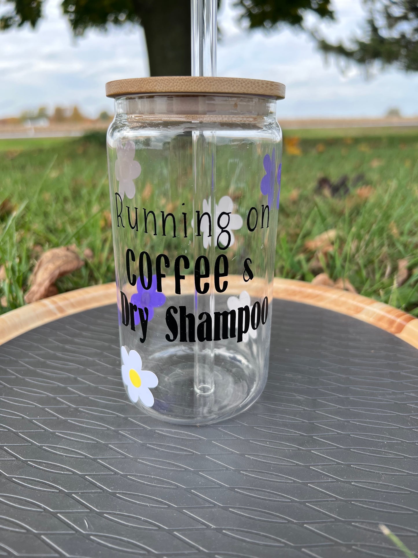 (F) Running on coffee and dry shampoo glass can cup with lid and straw