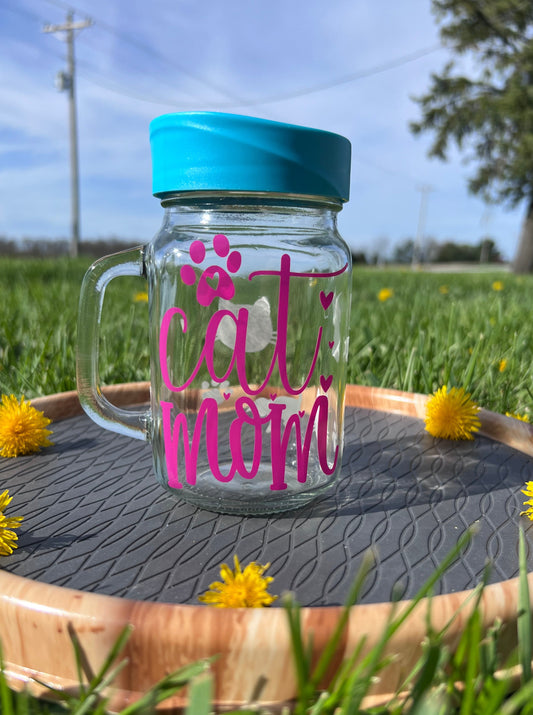 (F) Cat Mom Glass Jar Cup with lid