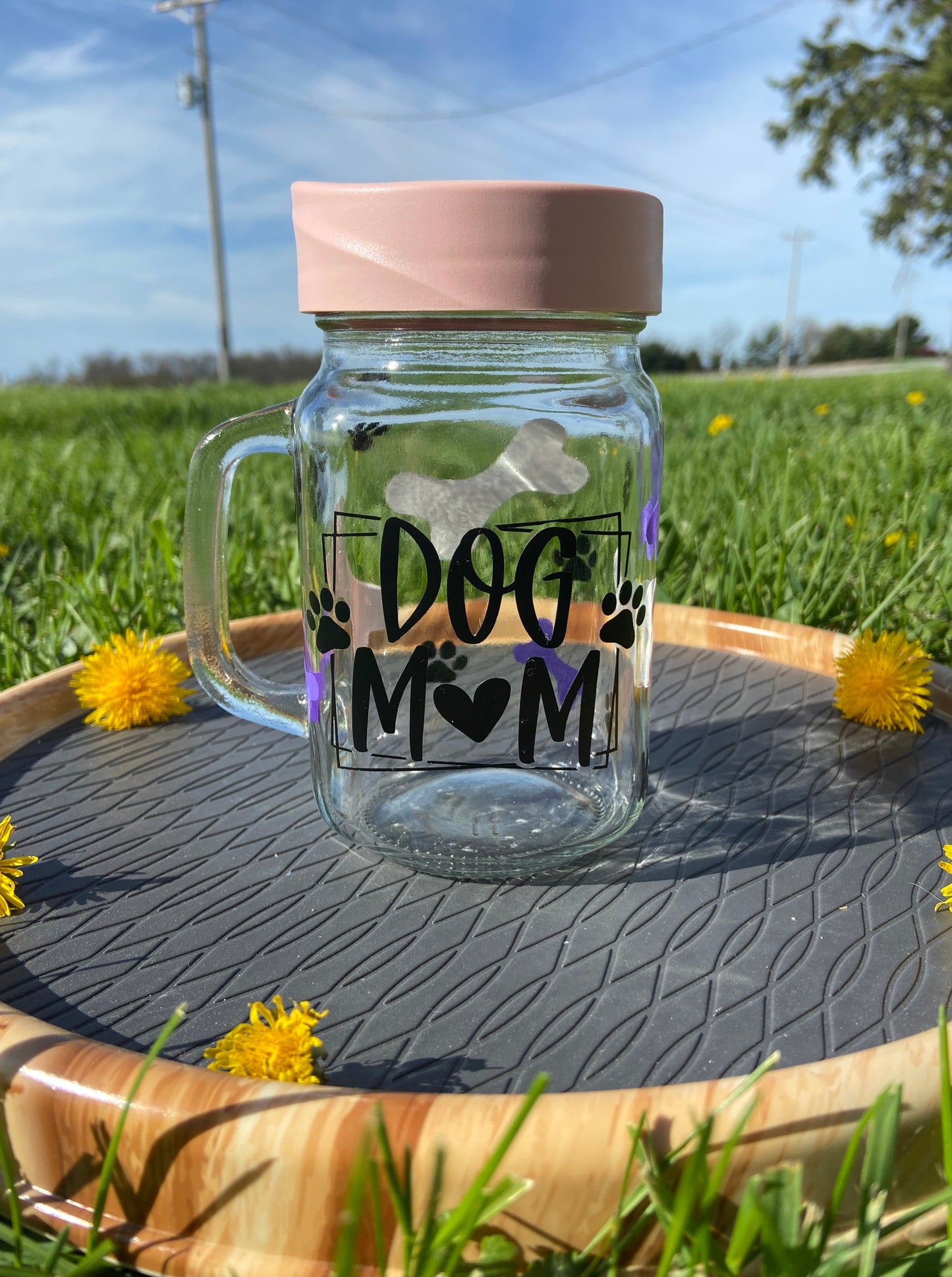 (F) Dog mom glass cup with lid