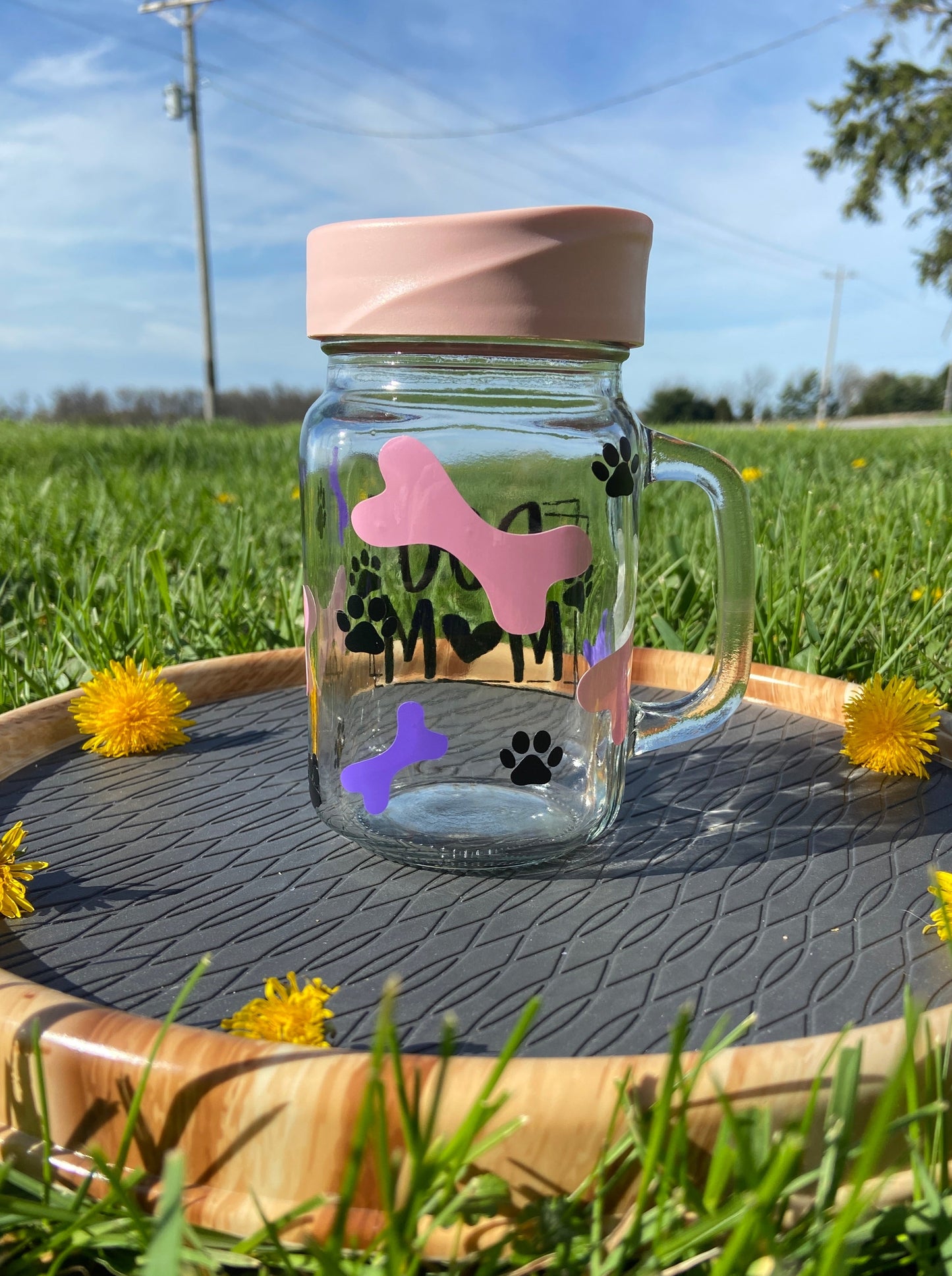 (F) Dog mom glass cup with lid