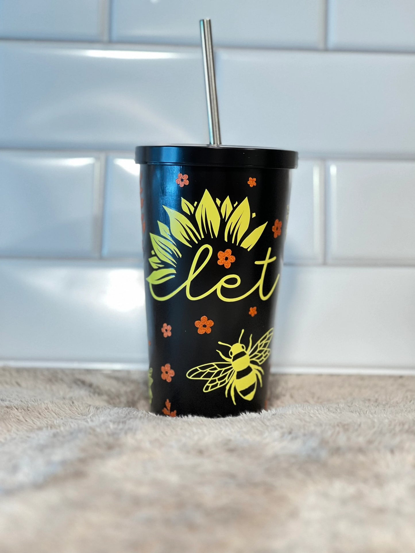 (F) Let it bee black 19oz tumbler with straw