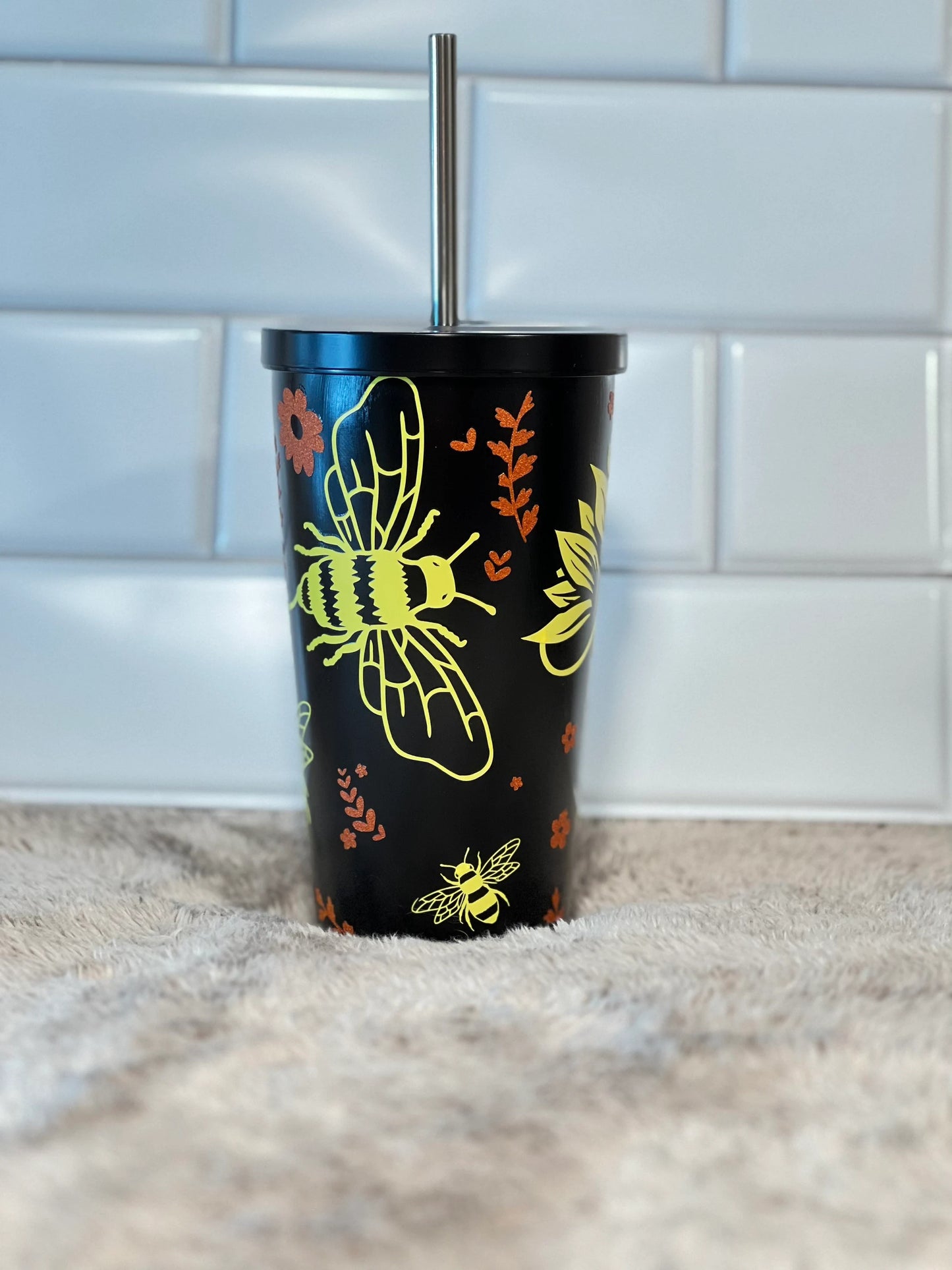 (F) Let it bee black 19oz tumbler with straw