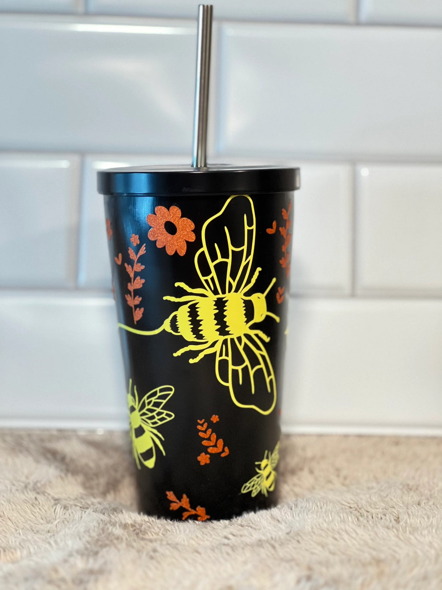 (F) Let it bee black 19oz tumbler with straw